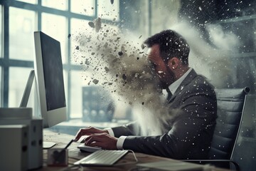 Technology disruption and job replacement concept caused by harmful technological transformation affecting the economic and workforce demands. A man profession is obsolete. AIG41