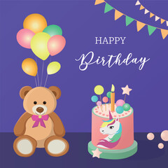 Birthday banner with balloons and teddy bear and unicorn with cake