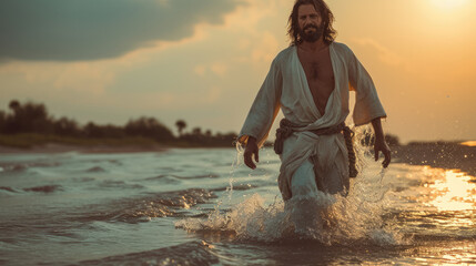 Divine grace in motion: A full-length portrait captures the serene majesty of Jesus Christ as he...