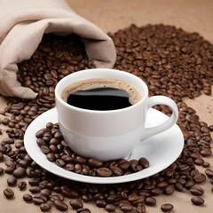 Fototapeta premium A cup of coffee and some coffee beans. a focused selection.