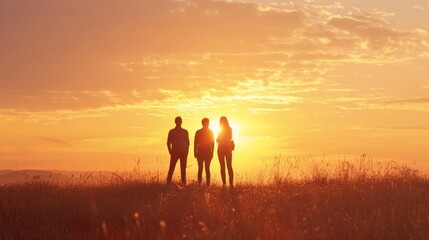 Fototapeta na wymiar As the sun sets behind a group of silhouetted individuals standing in a grassy field, the warm hues of the sky and the soft backlighting evoke a sense of peacefulness and connection to nature