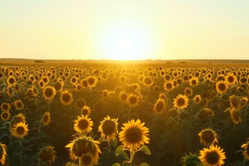 Obraz premium Field of sunflowers with setting sun painting sky, creating breathtaking view