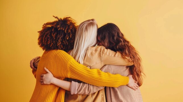 A vibrant display of sisterhood as a group of stylish women share a heartfelt embrace against a sunny yellow wall indoors