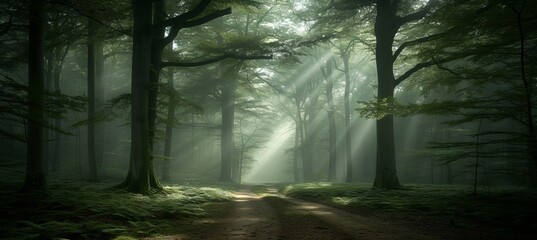 Enchanting silent forest in spring with beautiful bright sun rays as magical woodland background