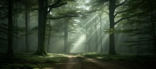 Foto op Canvas Enchanting silent forest in spring with beautiful bright sun rays as magical woodland background © Ilja