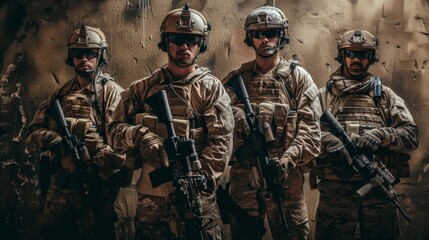 An intimidating squad of uniformed soldiers armed with guns and wearing camouflage, helmets, and ballistic vests, stand ready for battle as they represent the strength and organization of the militar - obrazy, fototapety, plakaty