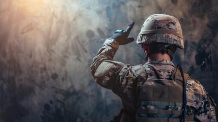 Fototapeta premium A soldier stands tall, saluting with his weapon in hand, dressed in a camouflage uniform and armed with a rifle, representing strength, sacrifice, and the bravery of our military forces