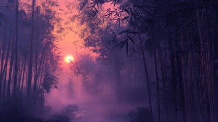 Mystical Purple Bamboo Forest with Ethereal Mist and Light and Vibrant Orange Sunset - obrazy, fototapety, plakaty