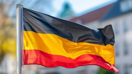 Naklejka premium Germany flag on house corner, symbol of patriotismblurred background, sunny day.