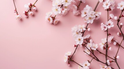 Elegant Cherry Blossoms on a Soft Pink Background with Petals Scattered