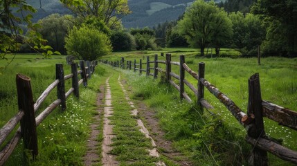 Fototapeta na wymiar A serene countryside scene, where a winding dirt road leads through lush green grass and towering trees, with a charming split rail fence framing the picturesque landscape and distant mountains, evok