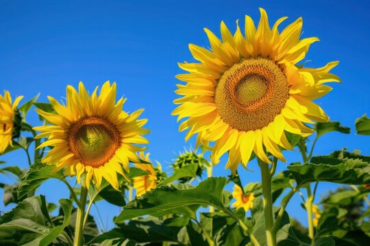 Two happy sunflowers stand tall in a field under a blue sky