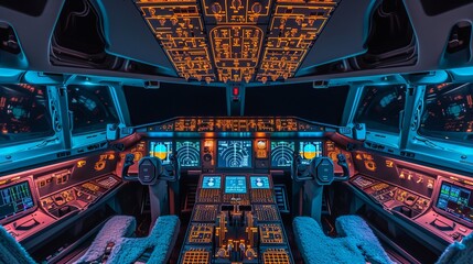 Civil airplane pilot flight deck interior with control panel, dashboard, and pilot seats in evening - obrazy, fototapety, plakaty