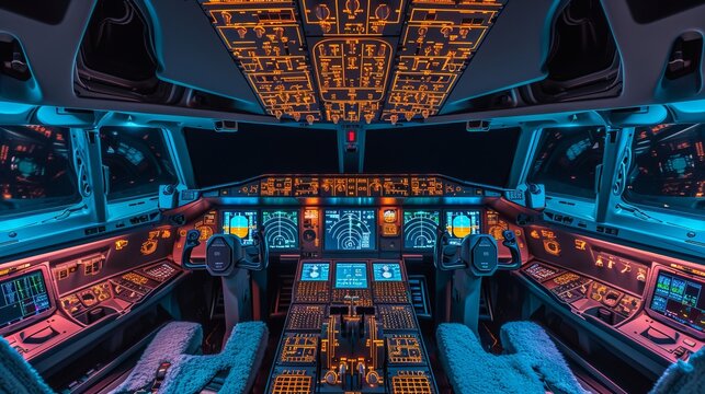 Civil airplane pilot flight deck interior with control panel, dashboard, and pilot seats in evening