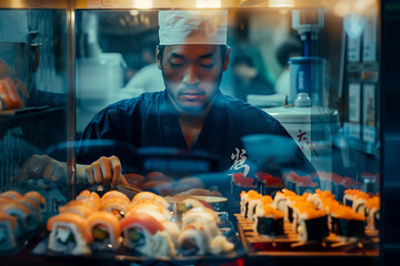sushi chef in a small storefront 