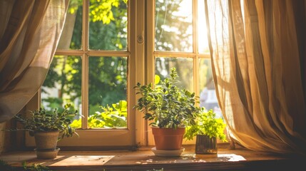 A vibrant houseplant basks in the warm sun on a window sill, adorned with a delicate flowerpot and elegant window treatment
