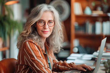 Mature beautiful woman with gray hair wearing glasses sits at home at a table and works on a laptop with a happy face, looking at the camera, side view