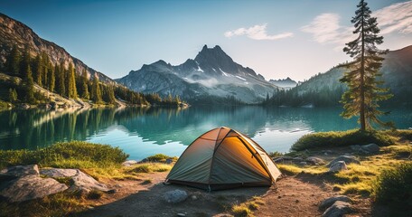 tourist tent with stunning view - obrazy, fototapety, plakaty