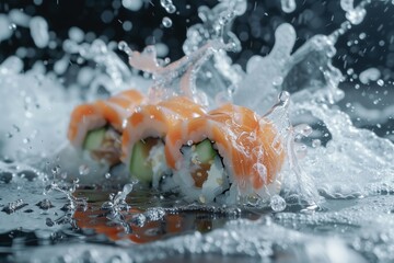 fresh sushi on a water splash background