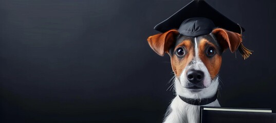 Playful dog graduating in a funny black hat on pastel background with copy space