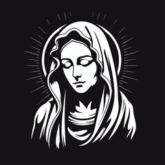 Our Lady Virgin Mary Mother of Jesus, Holy Mary, madonna, vector illustration, black and white, printable, suitable for logo, sign, tattoo, laser cutting, sticker and other print on demand	