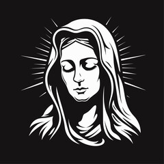 Our Lady Virgin Mary Mother of Jesus, Holy Mary, madonna, vector illustration, black and white, printable, suitable for logo, sign, tattoo, laser cutting, sticker and other print on demand	