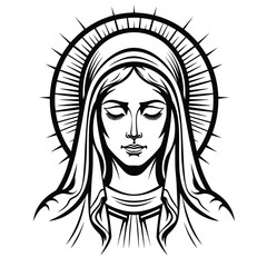 Our Lady Virgin Mary Mother of Jesus, Holy Mary, madonna, vector illustration, black and white, printable, suitable for logo, sign, tattoo, laser cutting, sticker and other print on demand	