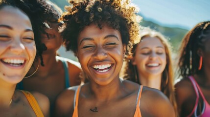 A summer day spent outdoors, a group of women standing with radiant smiles on their human faces, exuding happiness and fun in their colorful clothing and showing off their pearly white teeth - obrazy, fototapety, plakaty