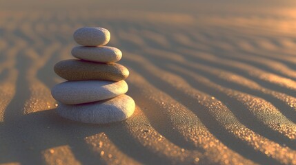 Zen Stones in Balance on Sandy Beach at Sunset - Tranquility and Harmony - obrazy, fototapety, plakaty