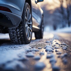 Winter Driving Safety - Close-Up of Snow Tires on a Snowy Road at Dusk
