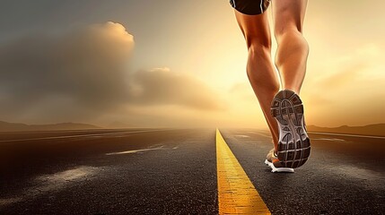 Man runner s legs running down desert road into sunset with copy space for text placement