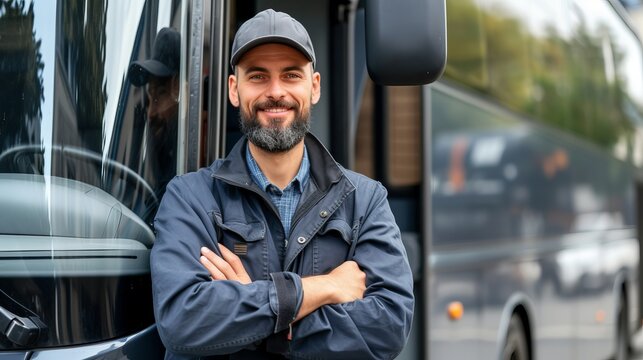 Smiling bearded bus driver standing in front of bus, wearing hat and crossing arms