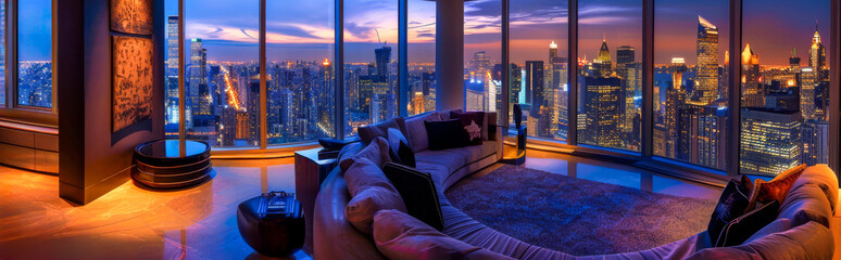 Fototapeta na wymiar A luxury apartment with a sophisticated interior and floor-to-ceiling windows showcasing a mesmerizing night view of the city skyline. Luxury real estate