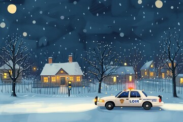 Police Car Parked in Front of House on Snowy Night - obrazy, fototapety, plakaty