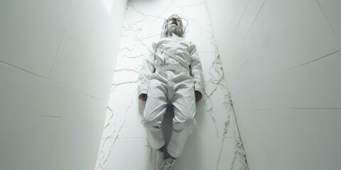 Person in White Suit Lying on White Floor. Generative AI.