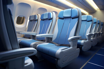 Empty airplane cabin seats, awaiting passengers for their next journey AI Generative.