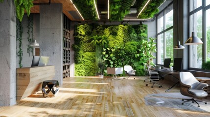 Interior shot of an office with greenery or vertical garden, copy space, 16:9