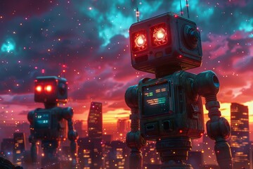 a combination of retro style with futuristic elements, robots in the style of the 80s