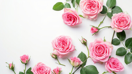 Lush pink roses with vibrant green leaves on a clean background, evoking romance, AI Generative.