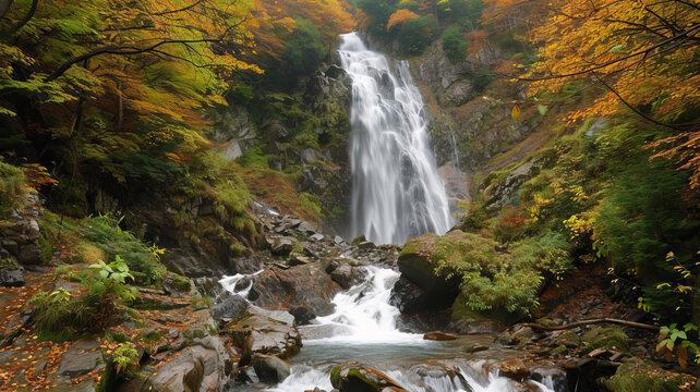 Majestic waterfall flowing through autumn foliage in Akita Prefecture, a serene natural spectacle, AI Generative.