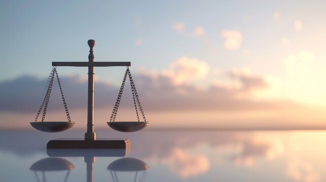 Balanced scales on a reflective surface, symbolizing justice, fairness, and precision, AI Generative.