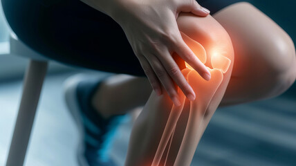Radiant knee pain in focus, hinting healing by AI Generative. - obrazy, fototapety, plakaty
