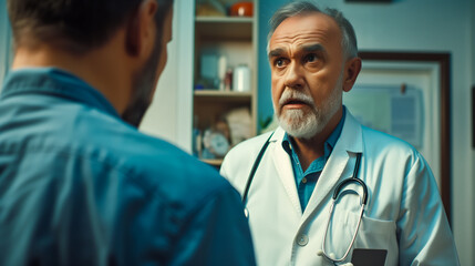 A Man Visits the Doctor. A doctor talking to a male patient.