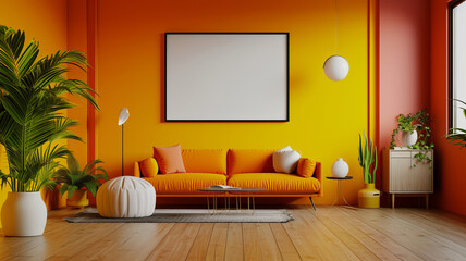 A mockup with an empty frame in a stylish living room with vibrant orange decor, perfectly for custom content, ending with AI Generative.