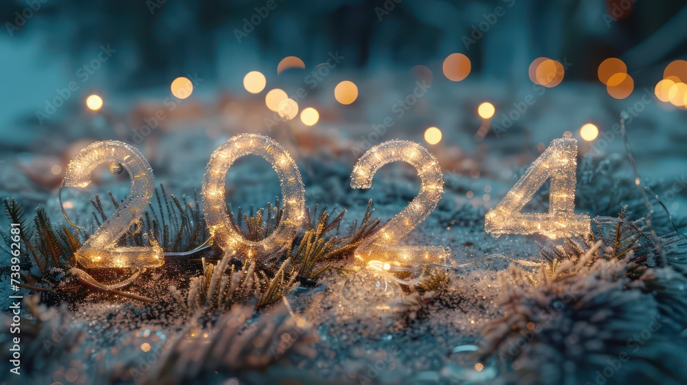 Poster number 2024 on a bright luxury background with bokeh lights created with generative ai