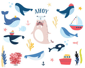 Cute Sea Animal Characters Set, including whales, fish, sea lion, boats, ships and seaweed