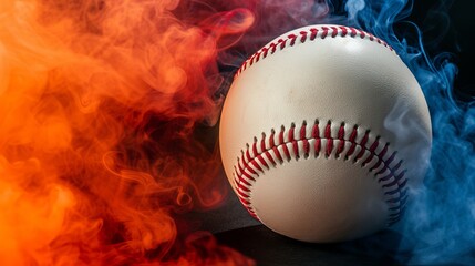 Spectacular baseball ball emerging from a cloud of vividly colored smoke on a dark background