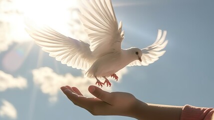 children hands carefully holding and releasing white dove, peace concept