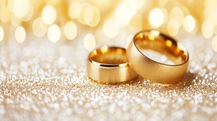 Obraz na płótnie Canvas Close up shot of two gold wedding rings on soft yellow bokeh background with copy space