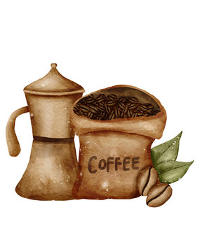 Watercolor Coffee sck and pot